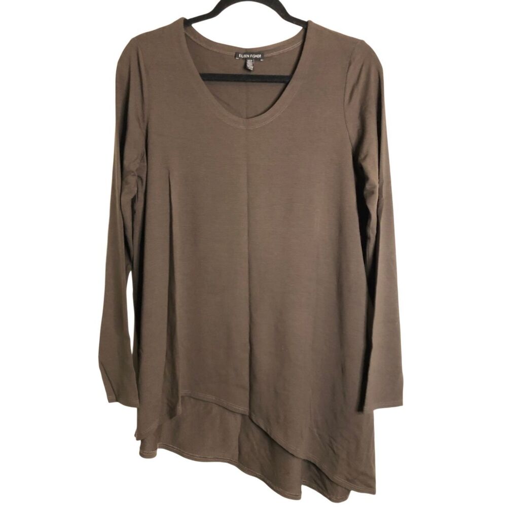Eileen Fisher Asymmetrical Tunic Shirt Sz M mocha minimalist quiet luxury lounge